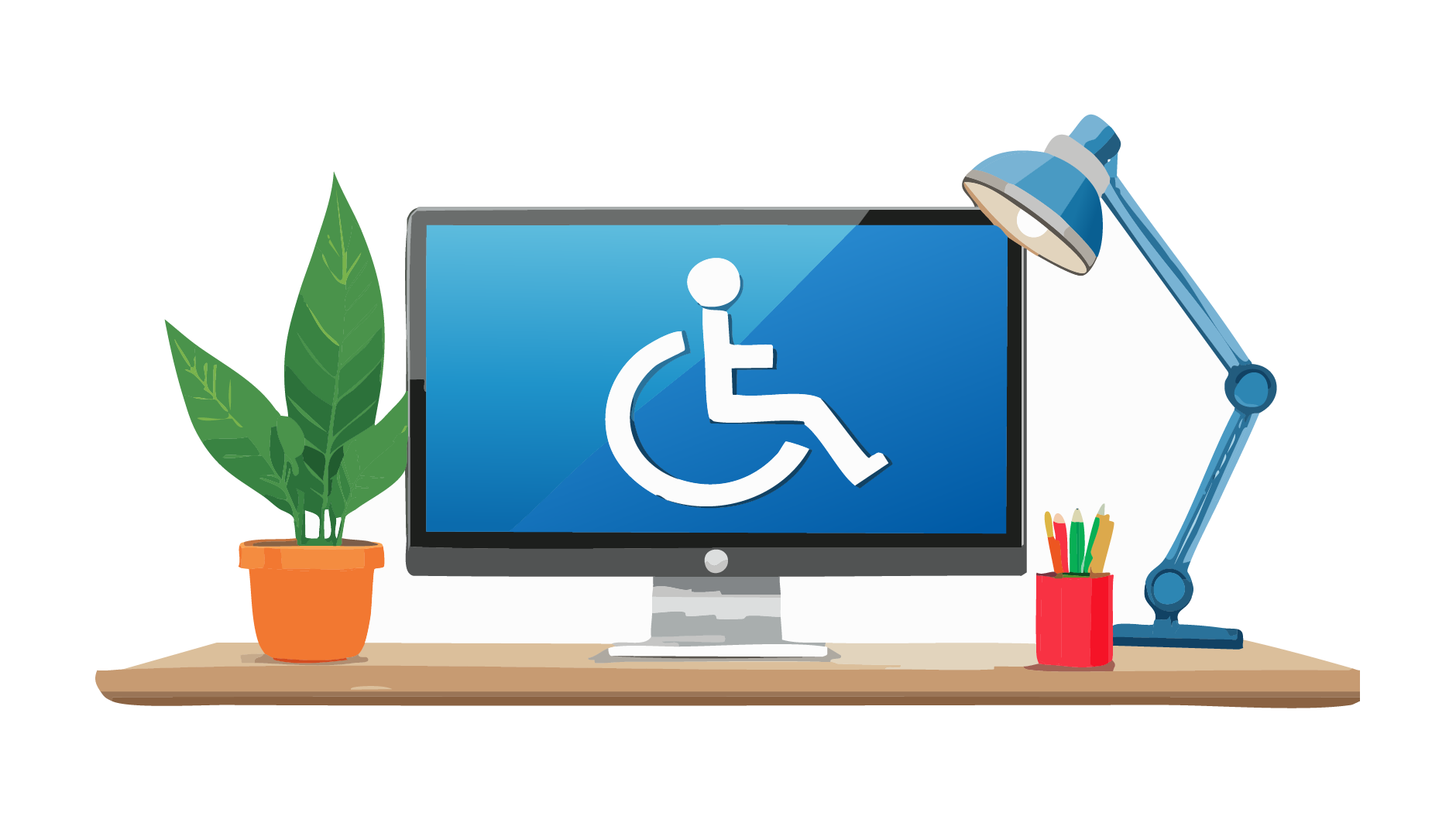 Eine Illustration eines Arbeitsplatzes: Auf einem Holztisch stehen eine grüne Topfpflanze, ein großer Computerbildschirm mit dem internationalen Symbol für Barrierefreiheit (eine stilisierte weiße Figur im Rollstuhl auf blauem Hintergrund), eine blaue Schreibtischlampe und ein roter Becher mit bunten Stiften. Die Szene symbolisiert digitale Barrierefreiheit im Web.