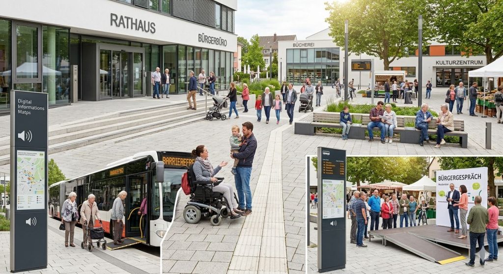 KI-generiertes Symbolbild eines offenen, hellen Ortszentrums. Die breite Treppe vor dem Rathaus geht nach links hin in eine Rampe über. Es sind Bürgerbüro, Bücherei, Kulturzentrum, Markt und viele Pflanzen zu sehen. Menschen sind mit Rollstühlen, Kinderwagen und Rollator unterwegs. Selbst eine provisorische Bühne für ein Bürgergespräch hat ebenfalls eine Rampe und ein Bus steht mit offener Tür und ebenfalls ausgefahrener Rampe an einer Haltestelle und lässt ältere Fahrgäste herein.